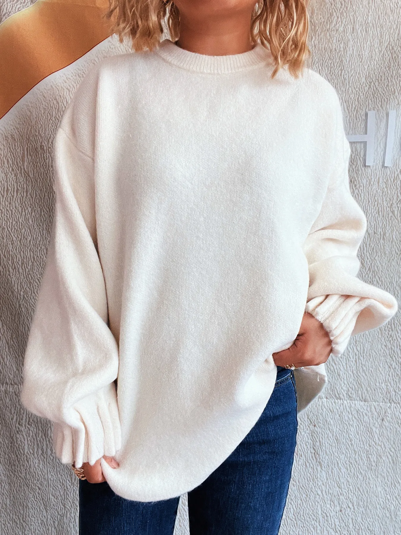 Round Neck Dropped Shoulder Sweater - Image 2