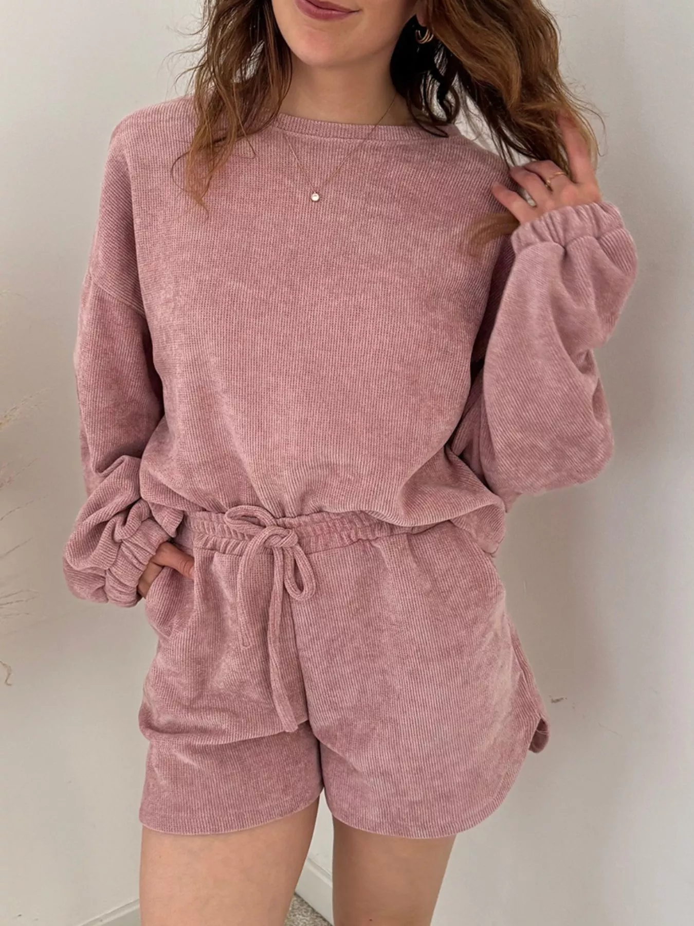 Round Neck Dropped Shoulder Top and Drawstring Shorts Set - Image 2