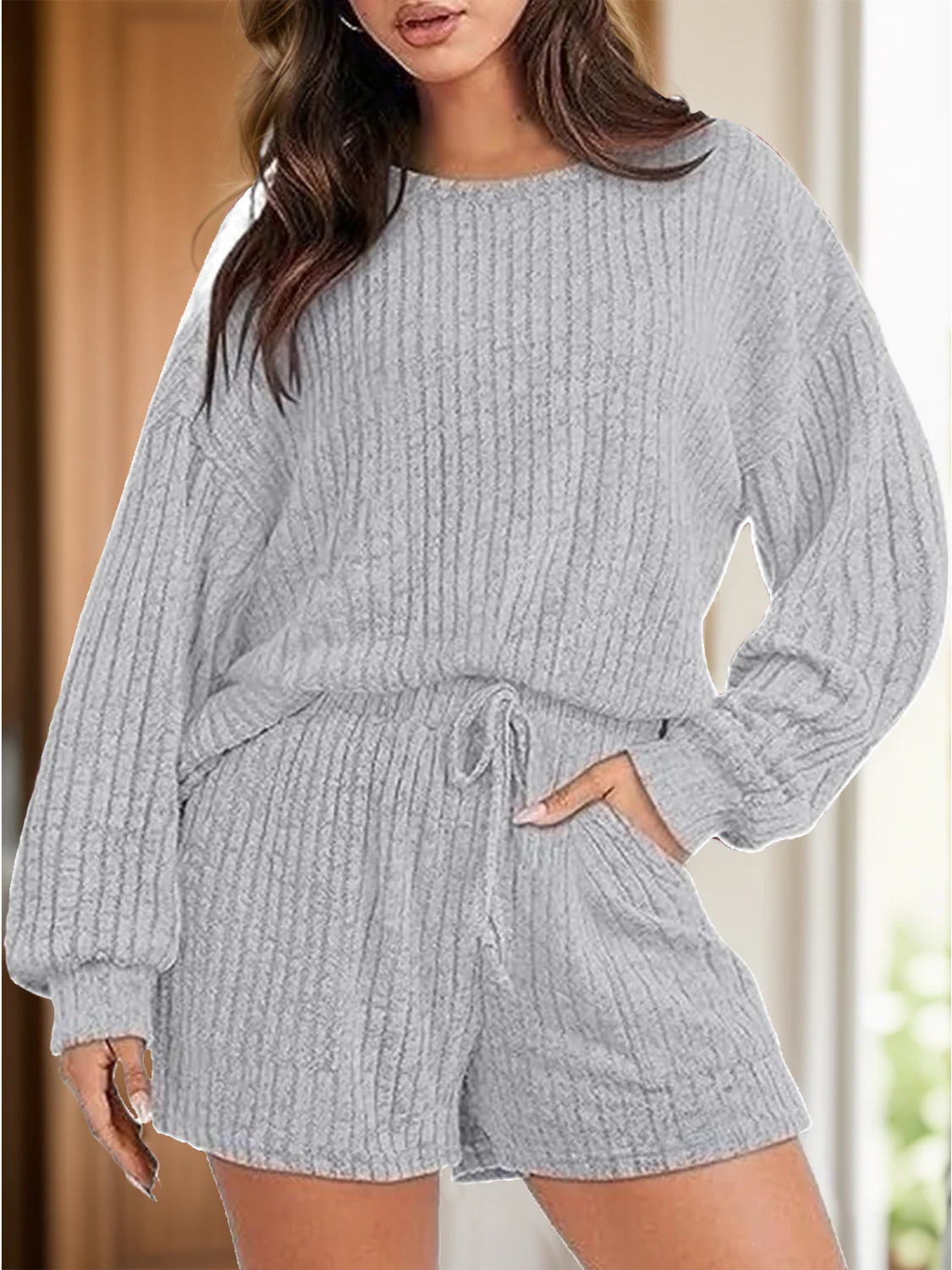 Round Neck Dropped Shoulder Top and Shorts Set - Image 10