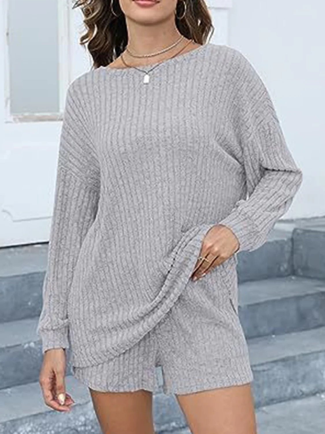 Round Neck Dropped Shoulder Top and Shorts Set - Image 11