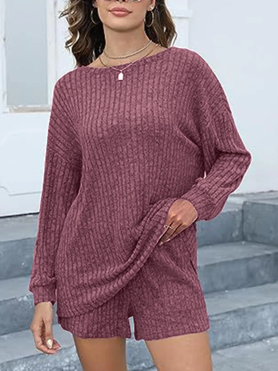 Round Neck Dropped Shoulder Top and Shorts Set - Image 3