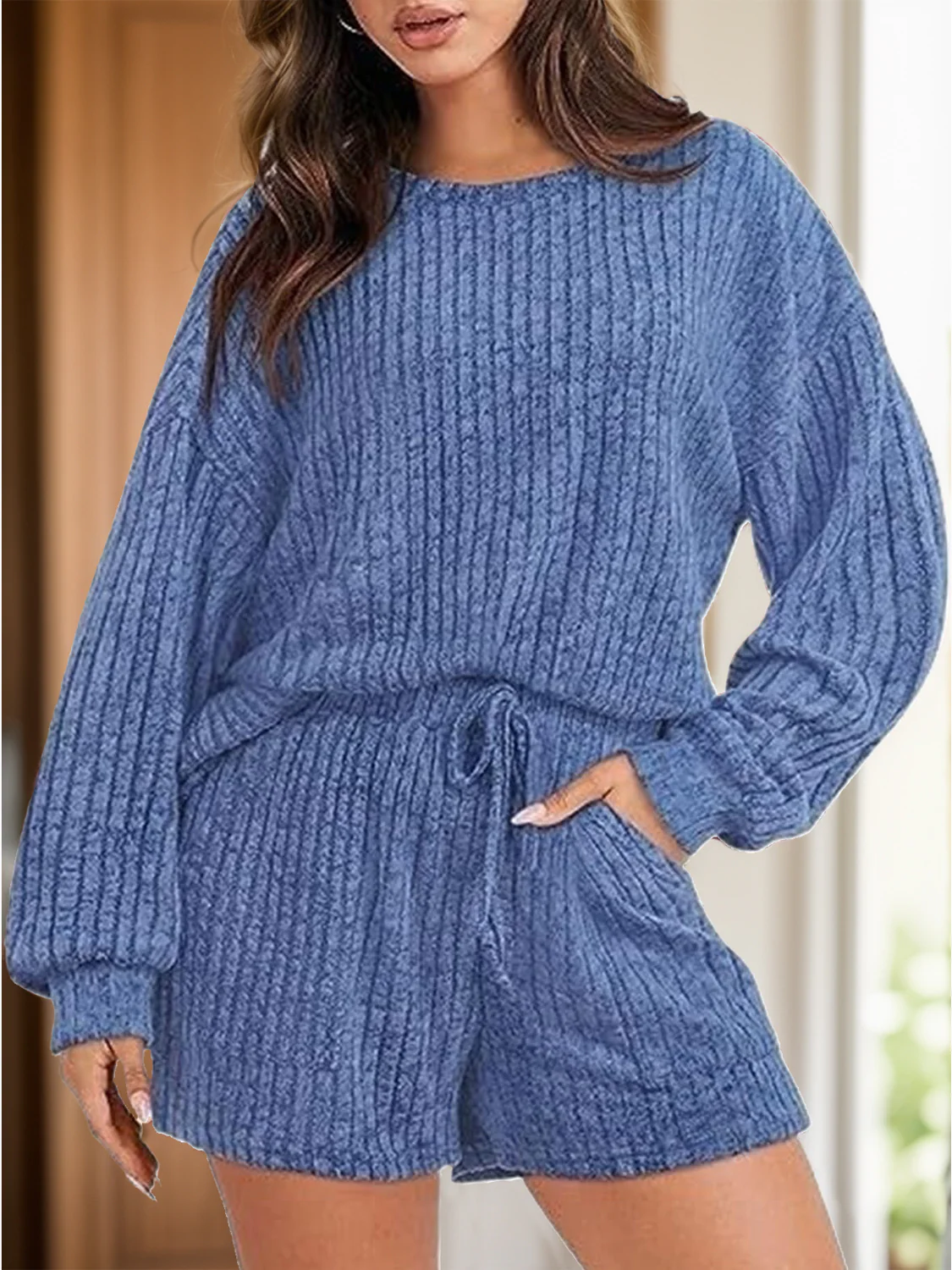 Round Neck Dropped Shoulder Top and Shorts Set - Image 4