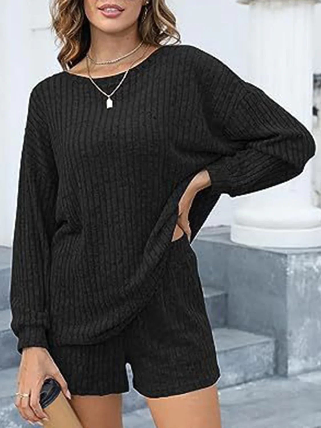 Round Neck Dropped Shoulder Top and Shorts Set - Image 8