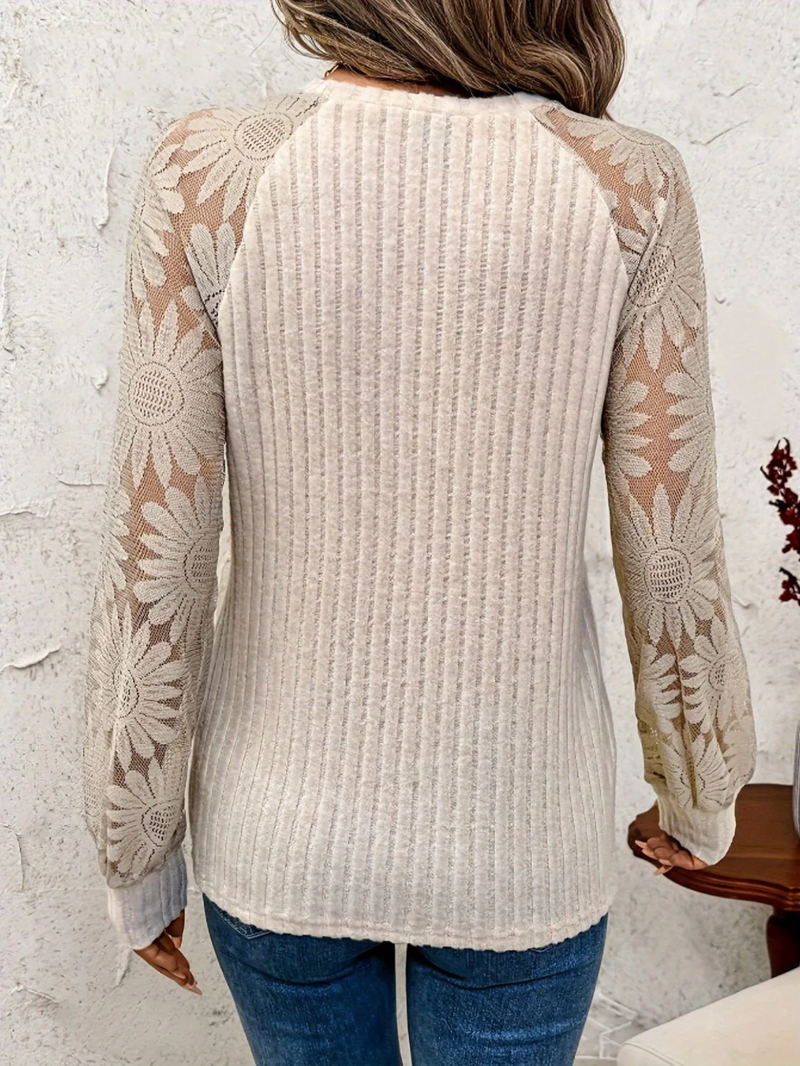 Round Neck Lace Patchwork Long Sleeve Top - Image 2