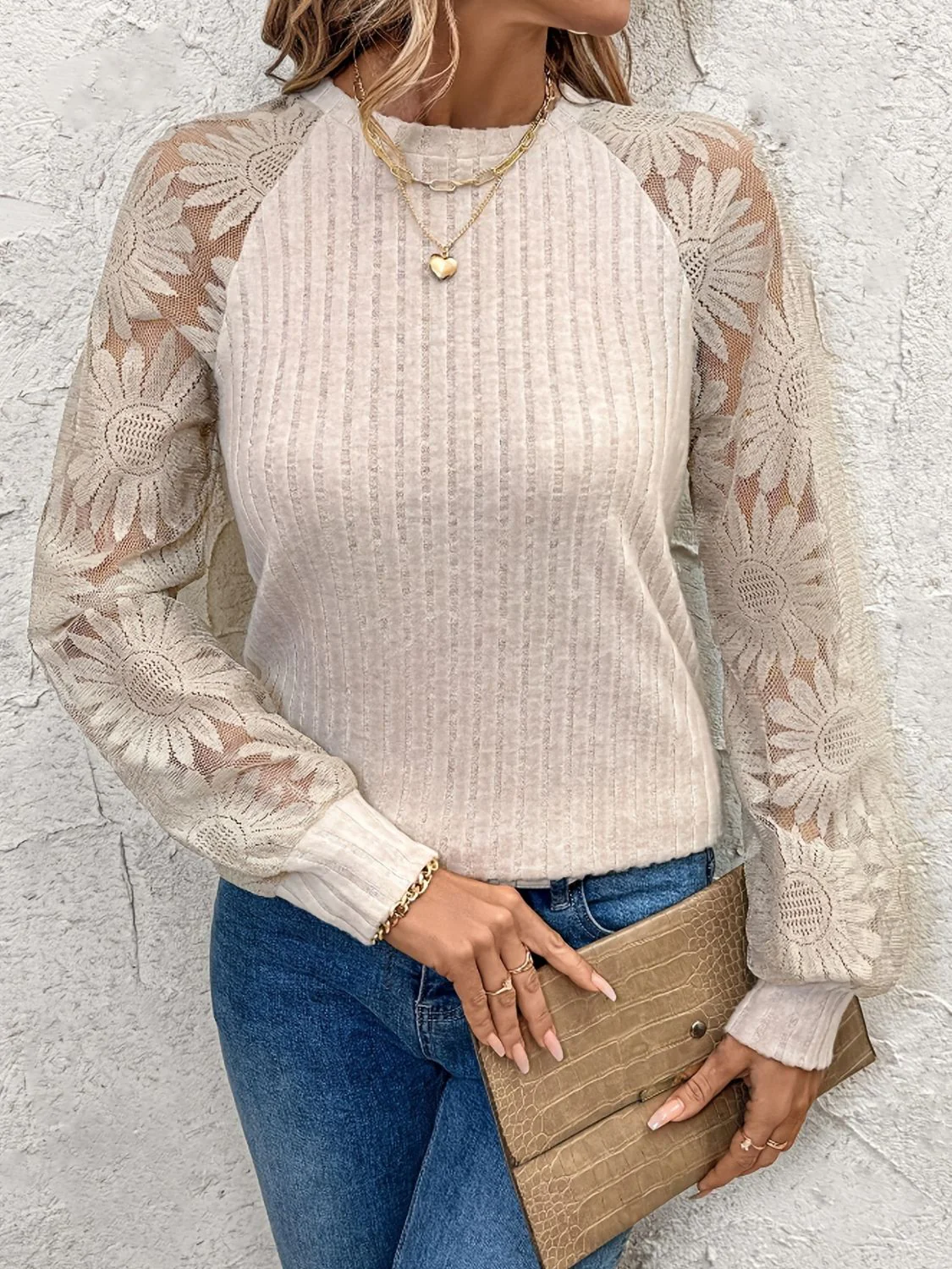 Round Neck Lace Patchwork Long Sleeve Top - Image 4