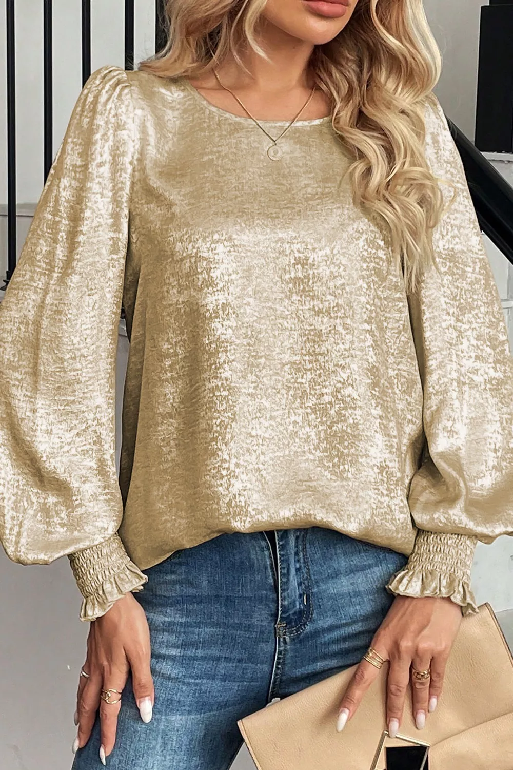 Round Neck Lantern Sleeve Blouse - Image 3