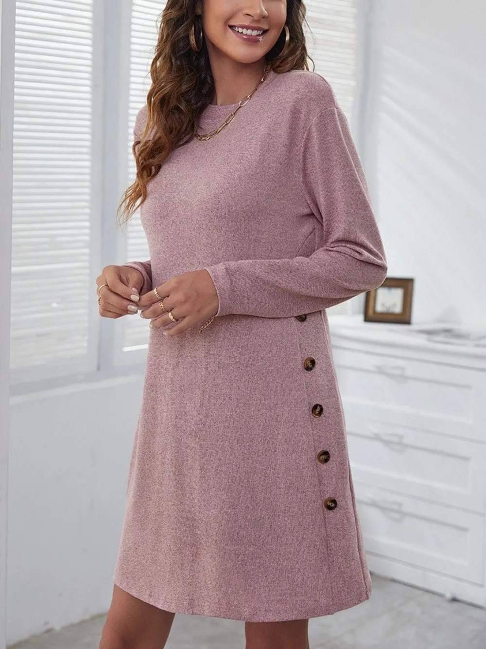 Round Neck Long Sleeve Mini Dress - Image 4