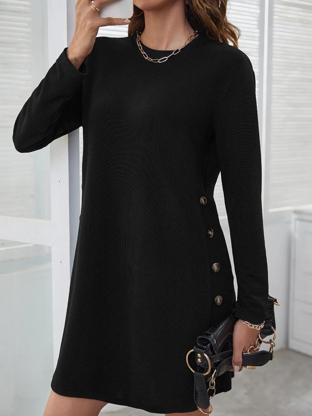 Round Neck Long Sleeve Mini Dress - Image 7
