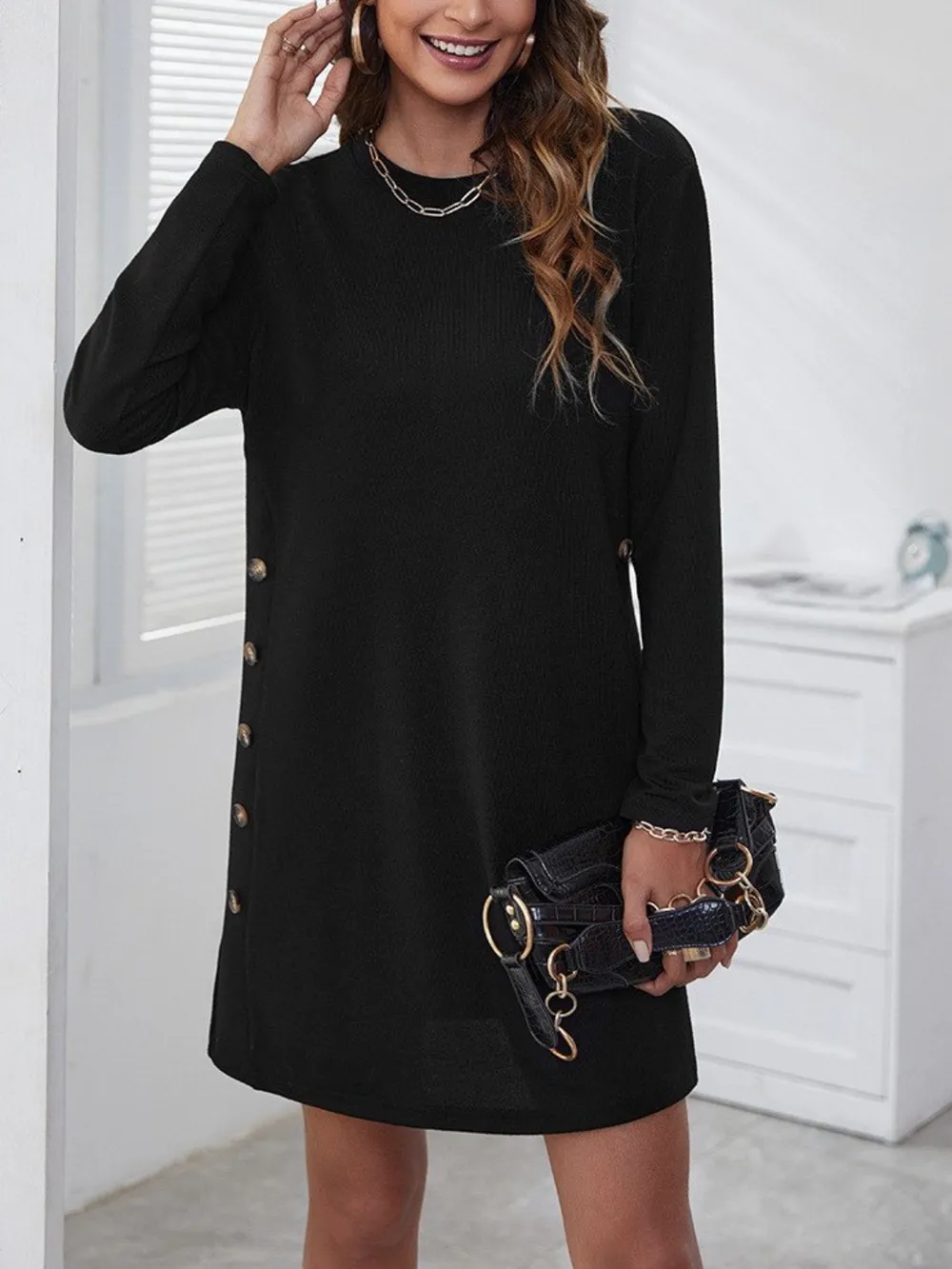 Round Neck Long Sleeve Mini Dress - Image 8