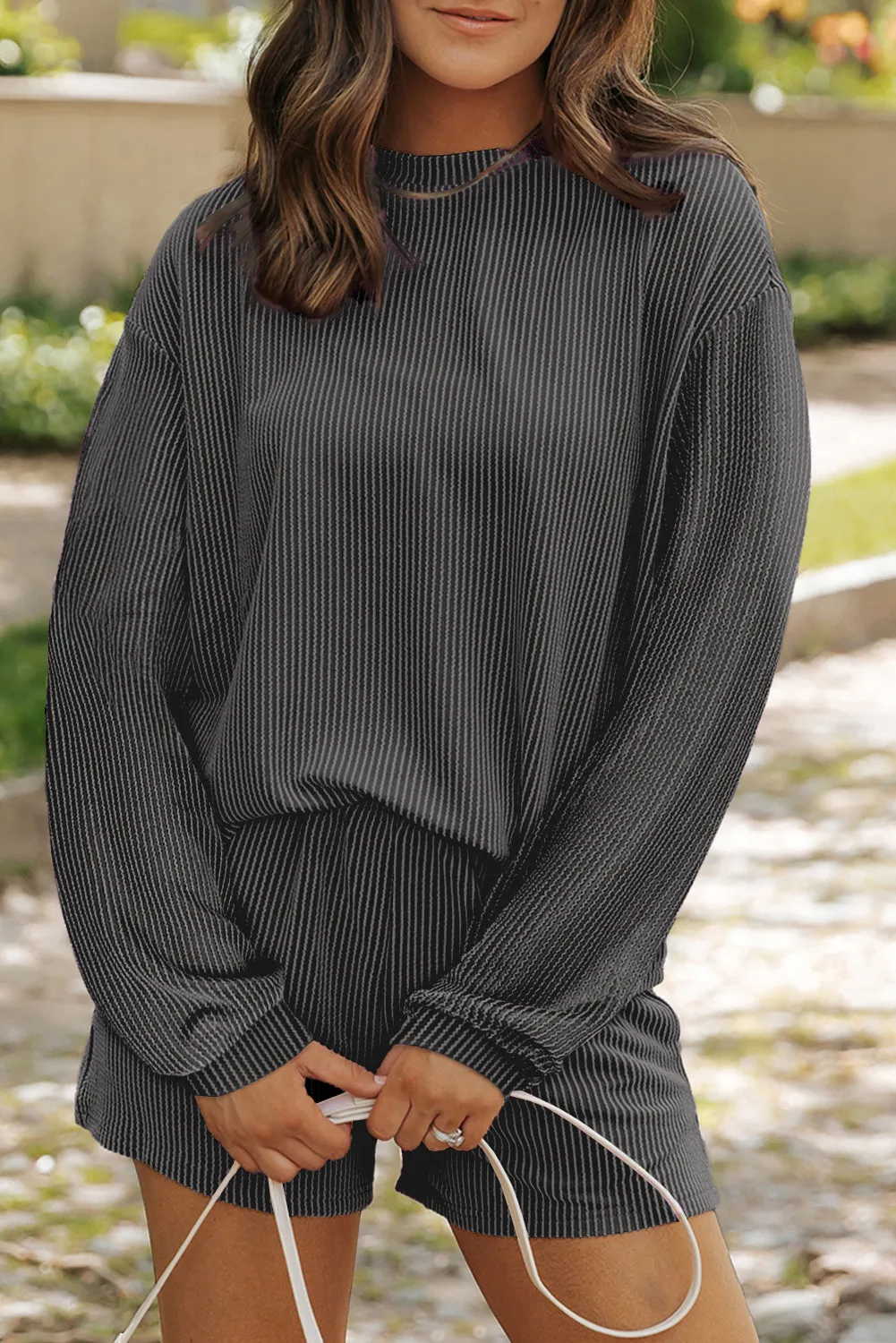 Round Neck Long Sleeve Top and Shorts Set - Image 16