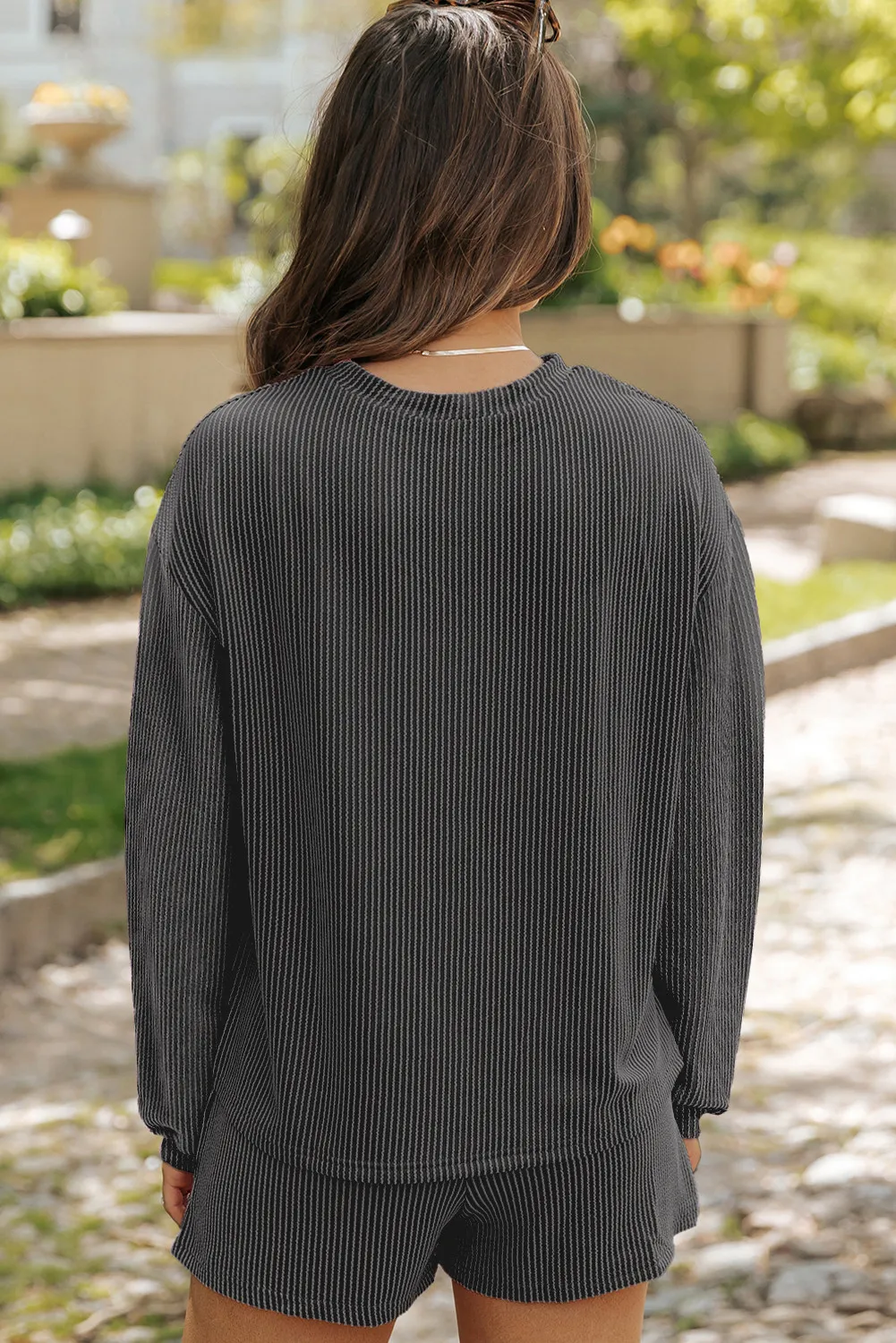 Round Neck Long Sleeve Top and Shorts Set - Image 17