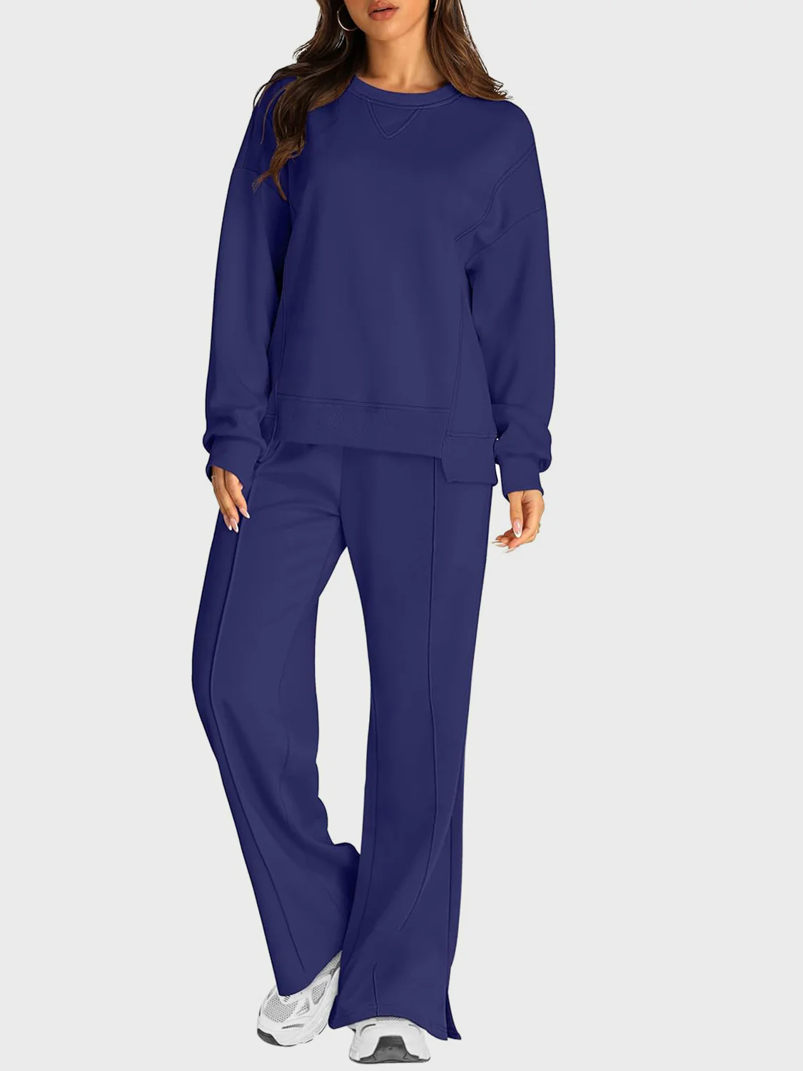 Round Neck Long Sleeve Top and Slit Pants Set - Image 13