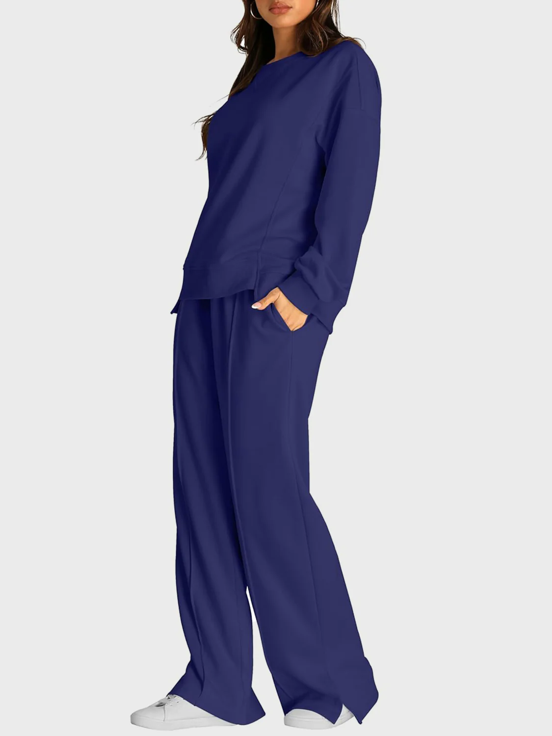 Round Neck Long Sleeve Top and Slit Pants Set - Image 15
