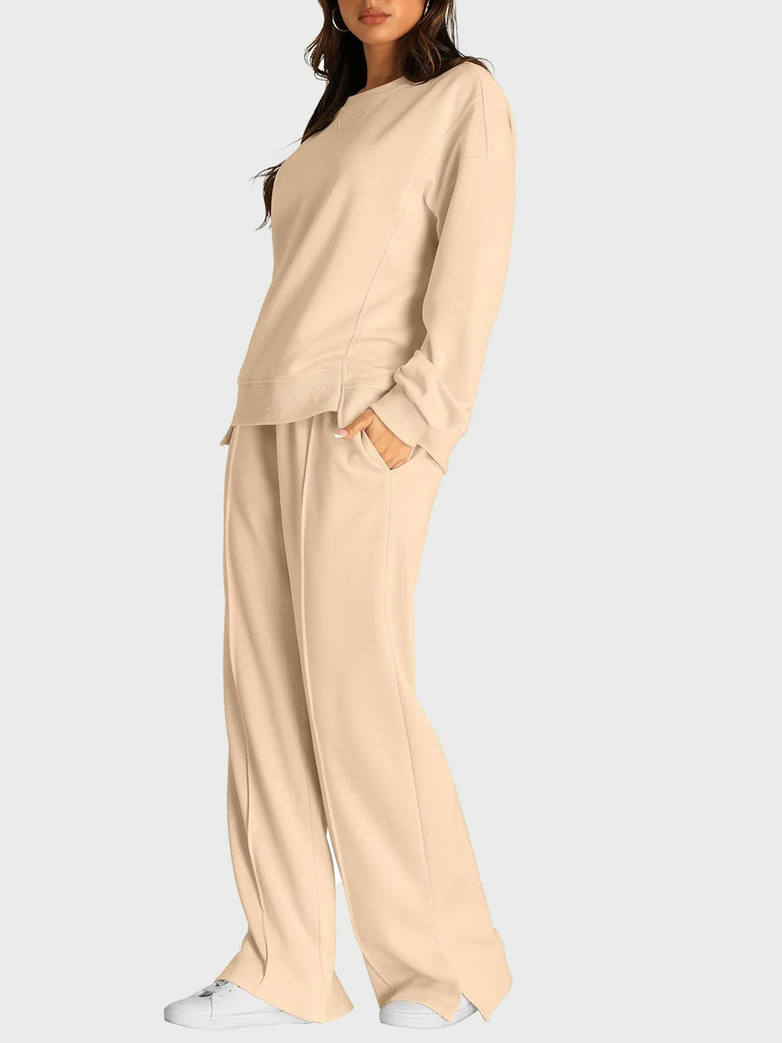 Round Neck Long Sleeve Top and Slit Pants Set - Image 23