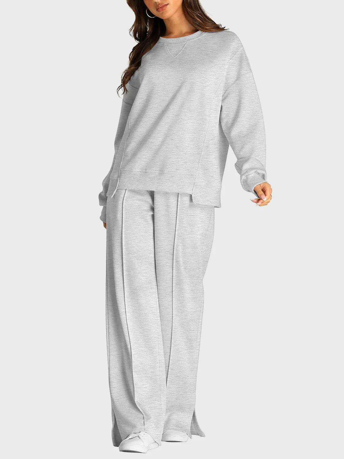 Round Neck Long Sleeve Top and Slit Pants Set - Image 3