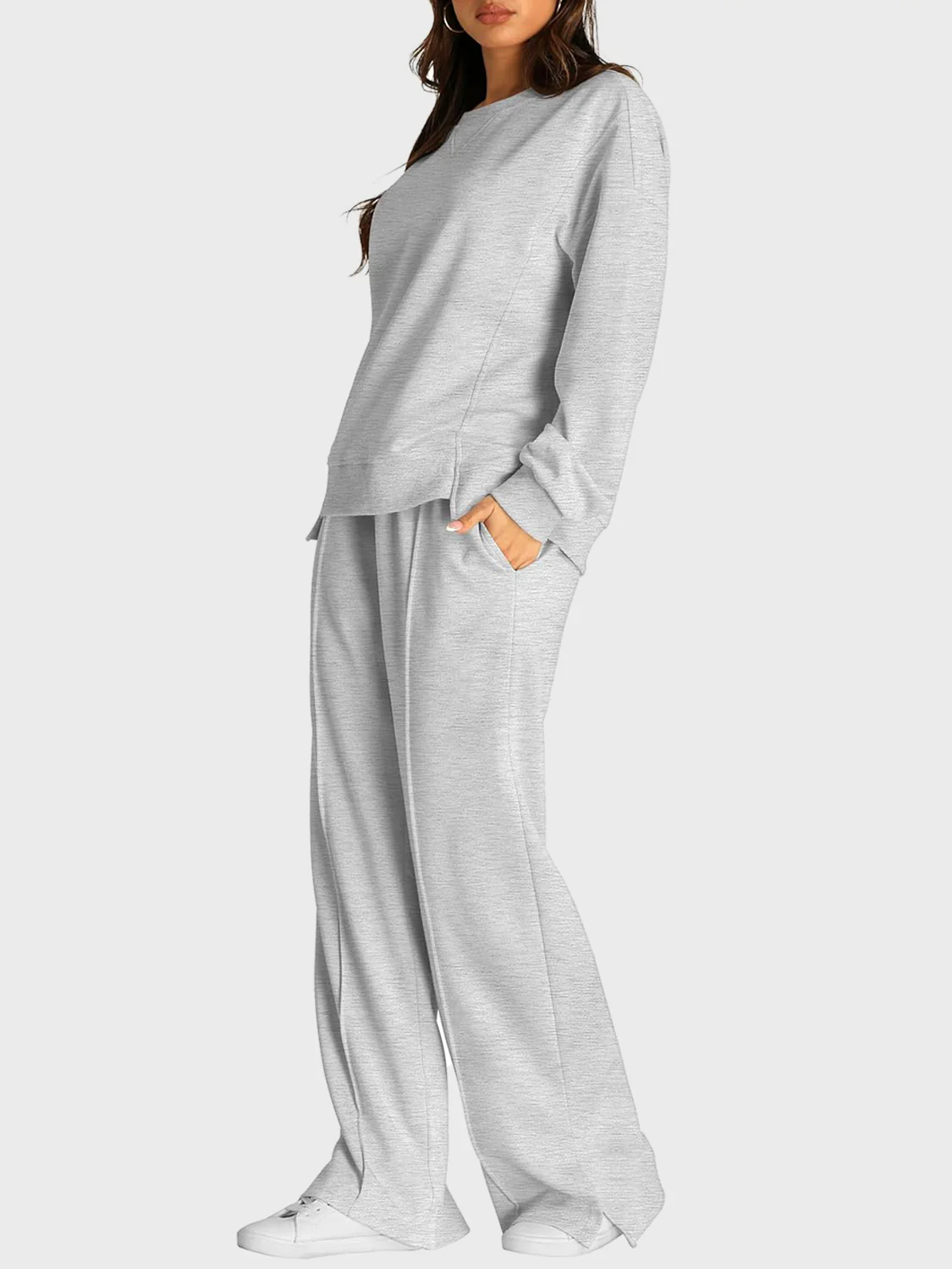 Round Neck Long Sleeve Top and Slit Pants Set - Image 4
