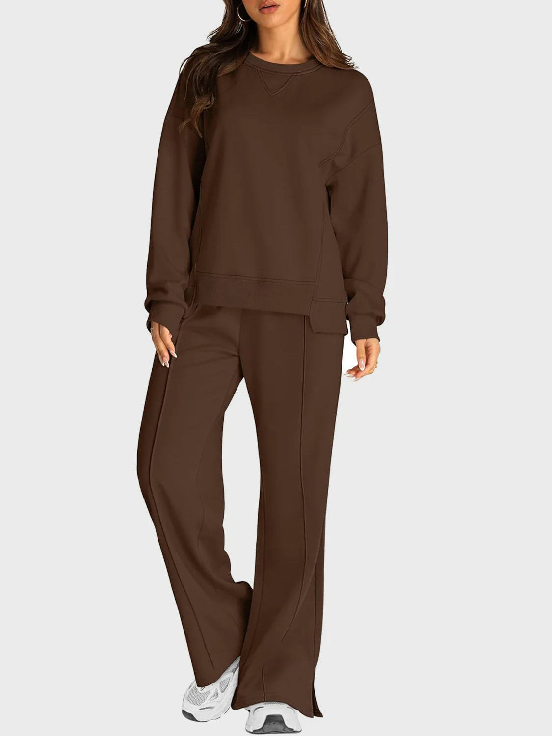 Round Neck Long Sleeve Top and Slit Pants Set - Image 9