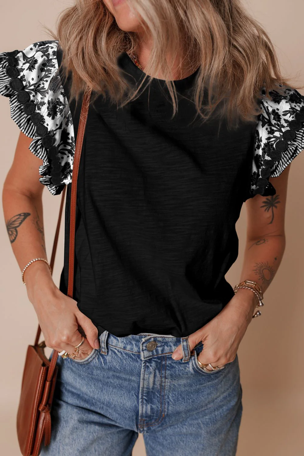 Round Neck Printed Ruffled Cap Sleeve Blouse - Image 10