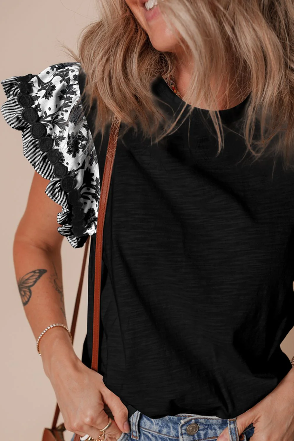 Round Neck Printed Ruffled Cap Sleeve Blouse - Image 11