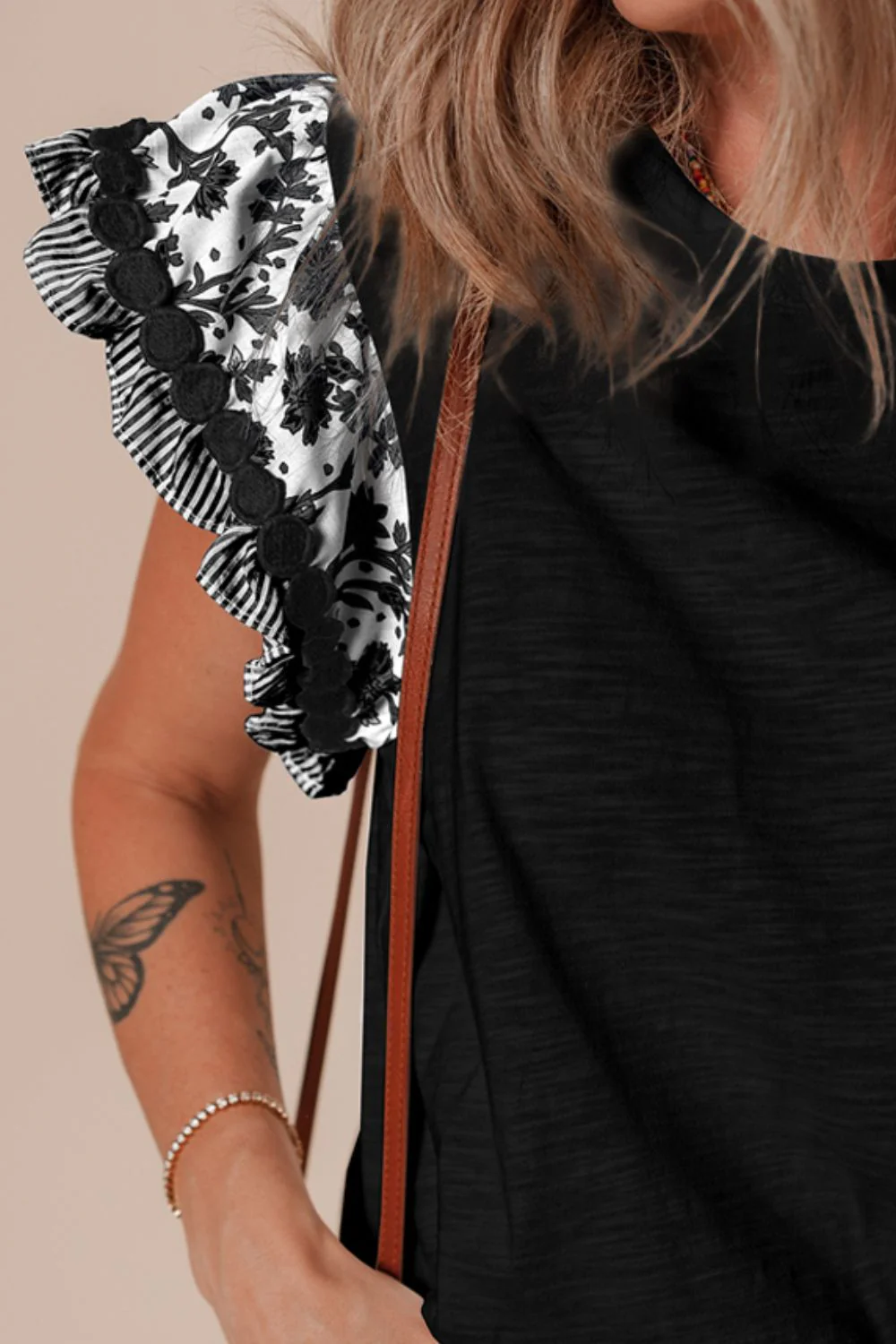 Round Neck Printed Ruffled Cap Sleeve Blouse - Image 12