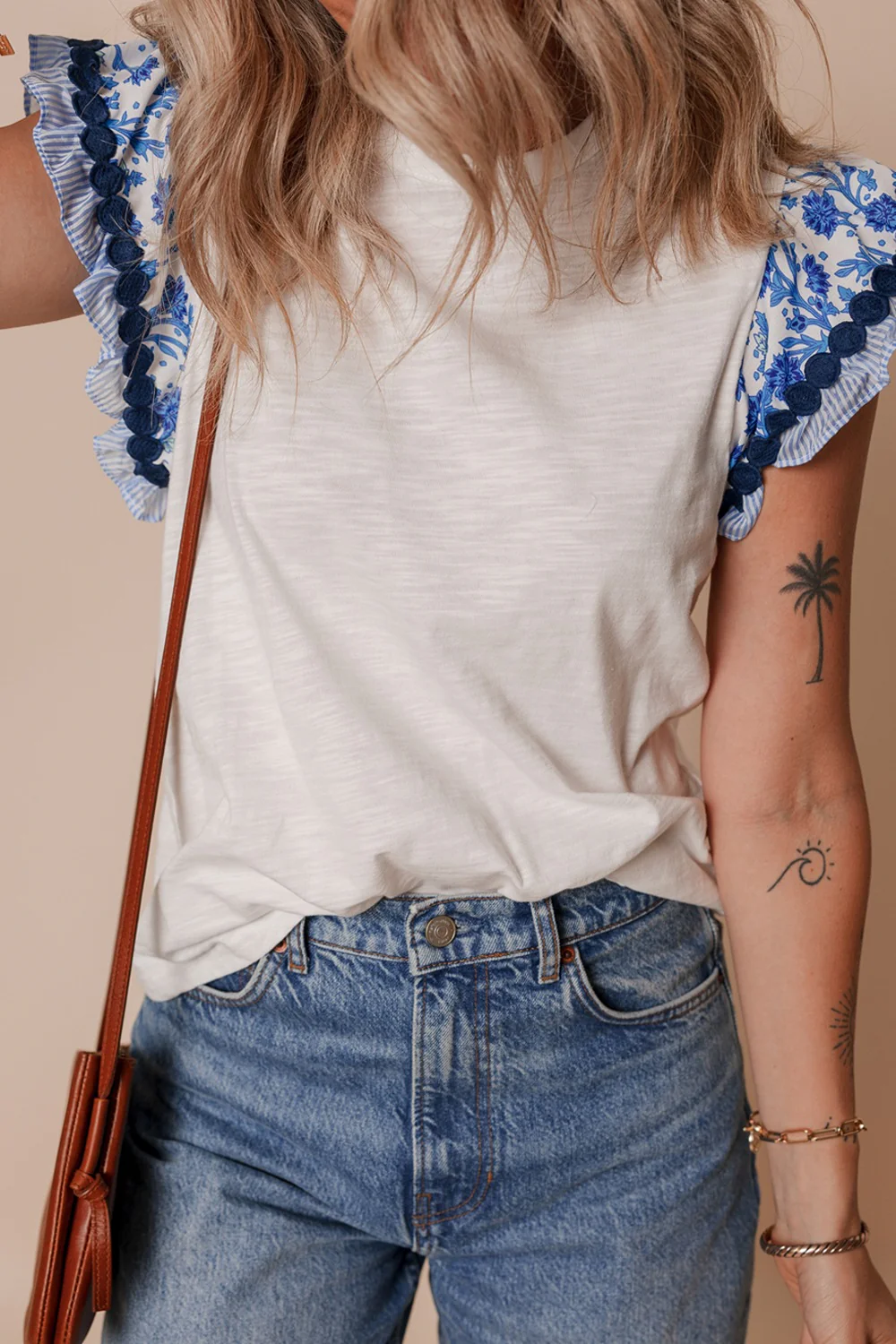 Round Neck Printed Ruffled Cap Sleeve Blouse - Image 3
