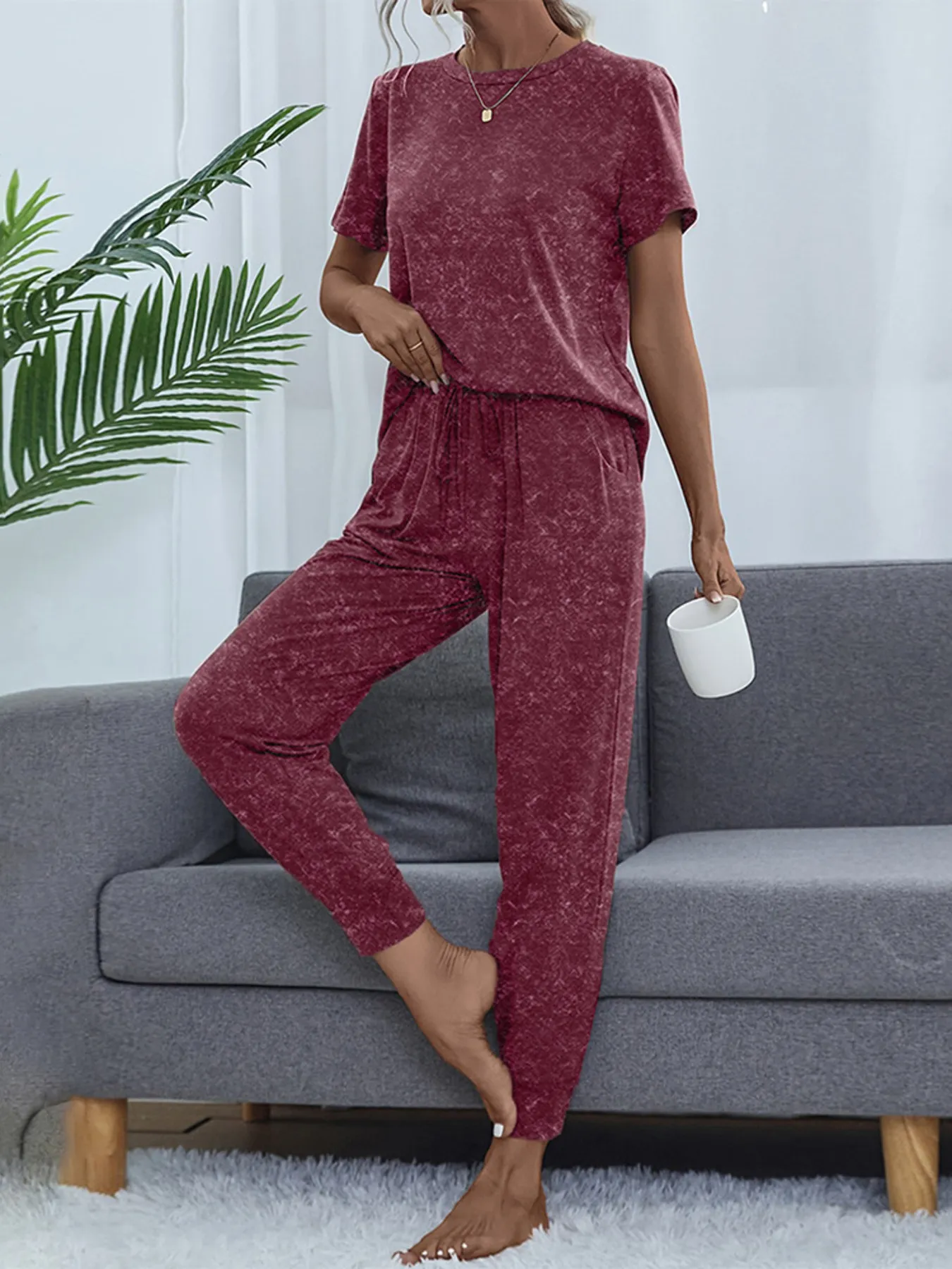 Round Neck Short Sleeve Top and Pants Lounge Set - Image 10
