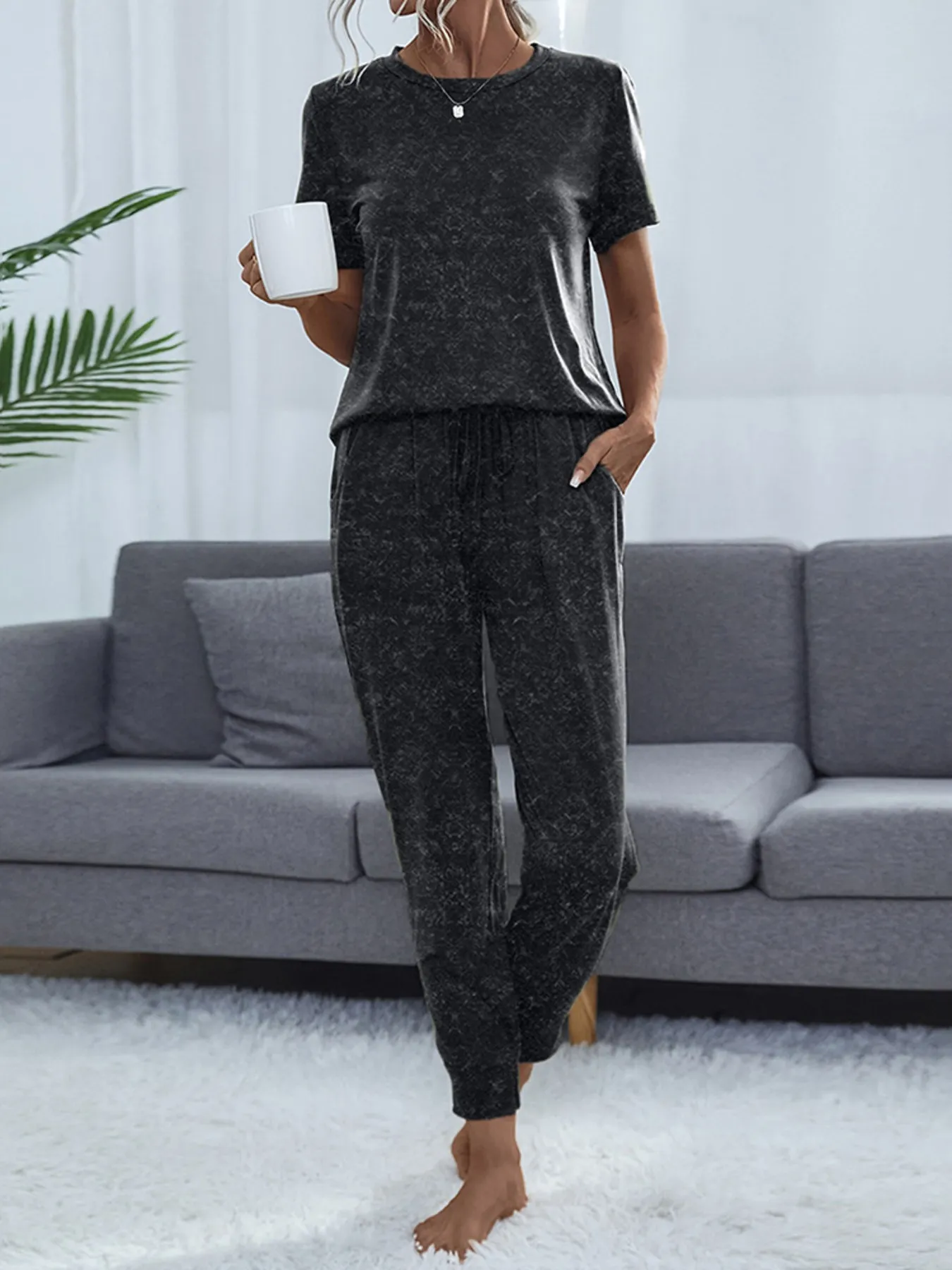 Round Neck Short Sleeve Top and Pants Lounge Set - Image 11