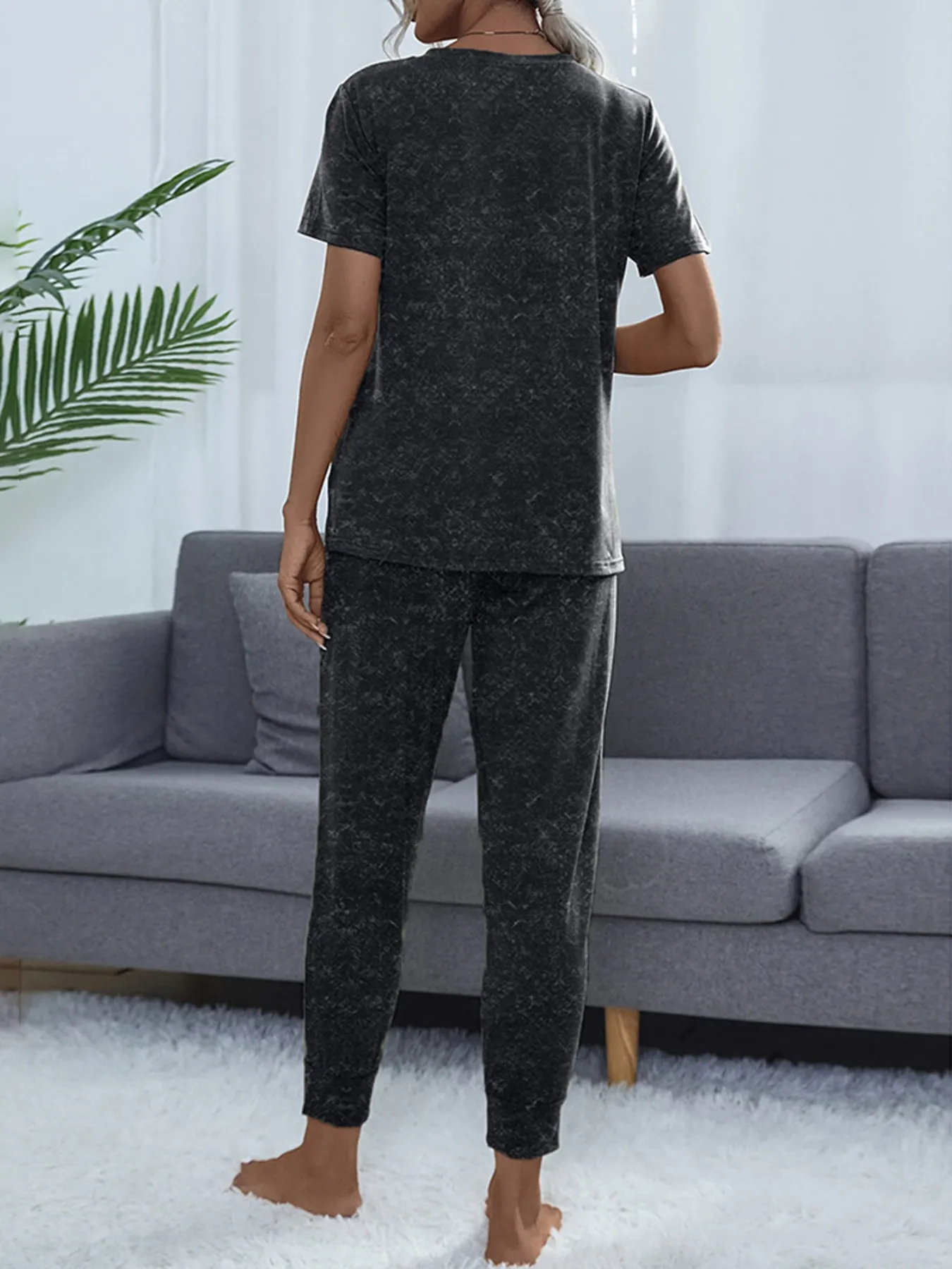 Round Neck Short Sleeve Top and Pants Lounge Set - Image 12