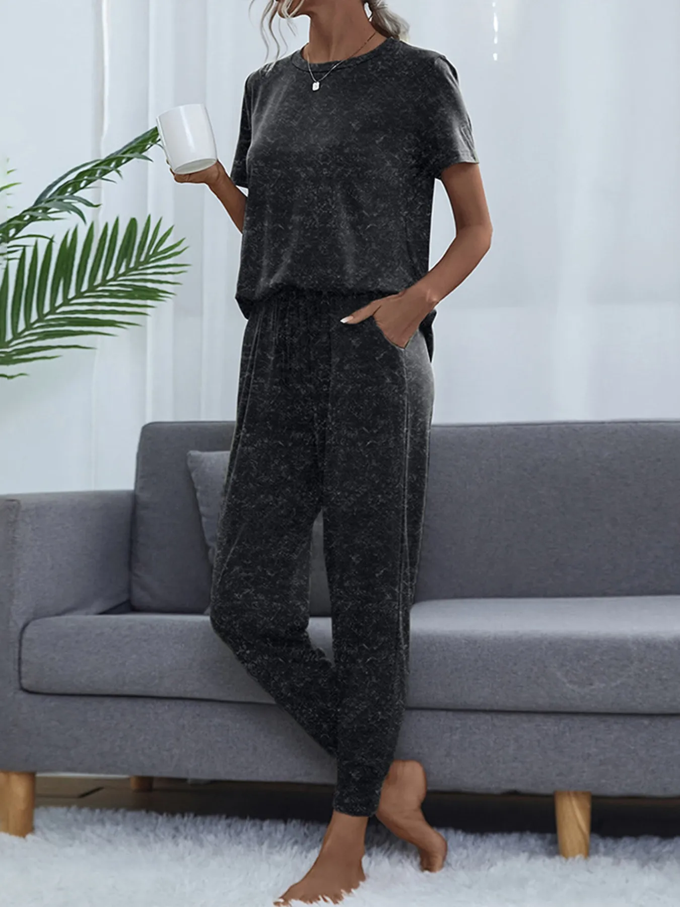 Round Neck Short Sleeve Top and Pants Lounge Set - Image 13