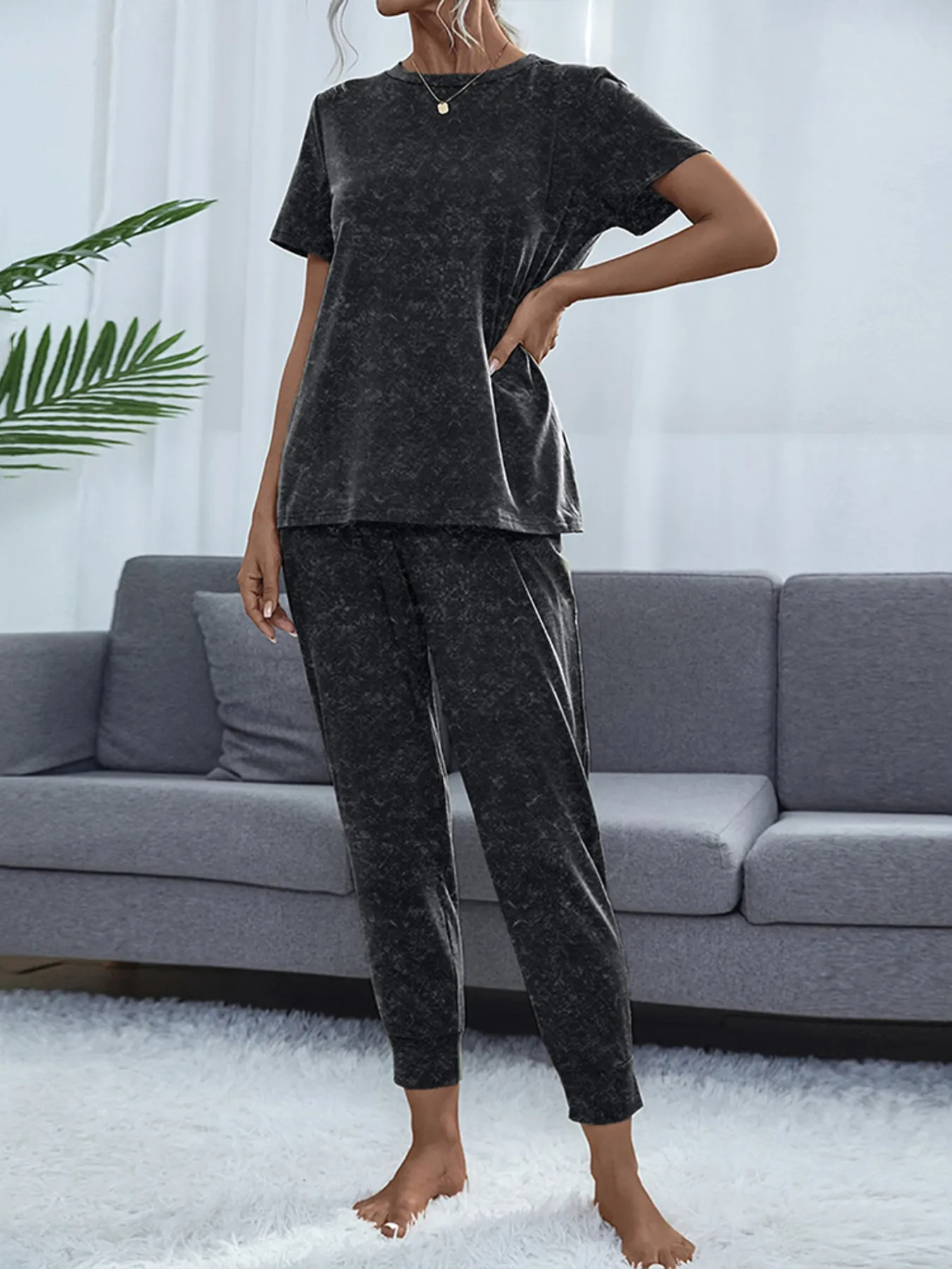 Round Neck Short Sleeve Top and Pants Lounge Set - Image 14
