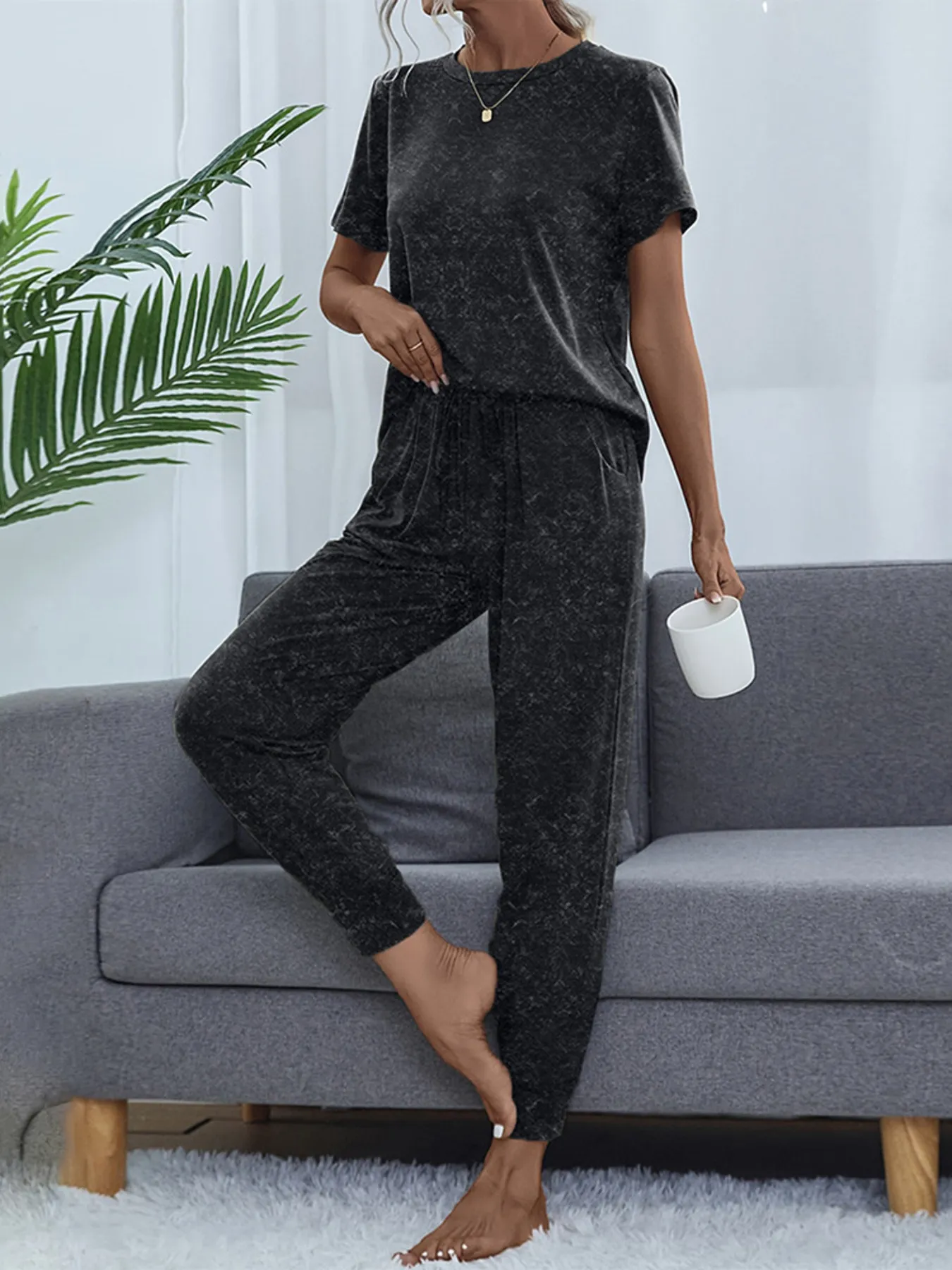 Round Neck Short Sleeve Top and Pants Lounge Set - Image 15