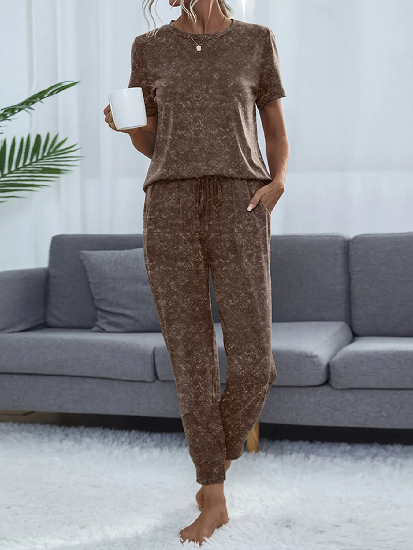Round Neck Short Sleeve Top and Pants Lounge Set - Image 16