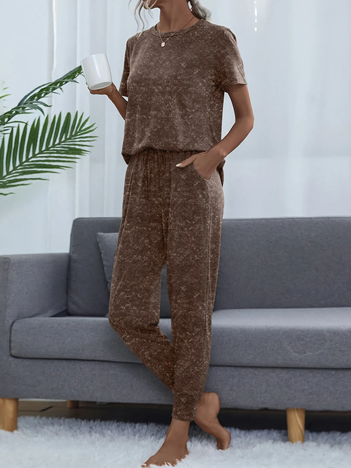 Round Neck Short Sleeve Top and Pants Lounge Set - Image 18