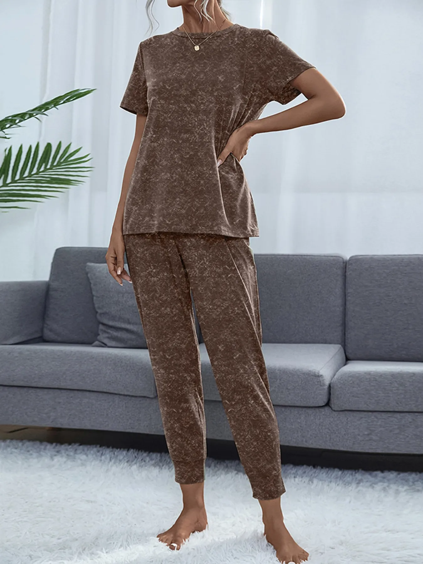 Round Neck Short Sleeve Top and Pants Lounge Set - Image 19