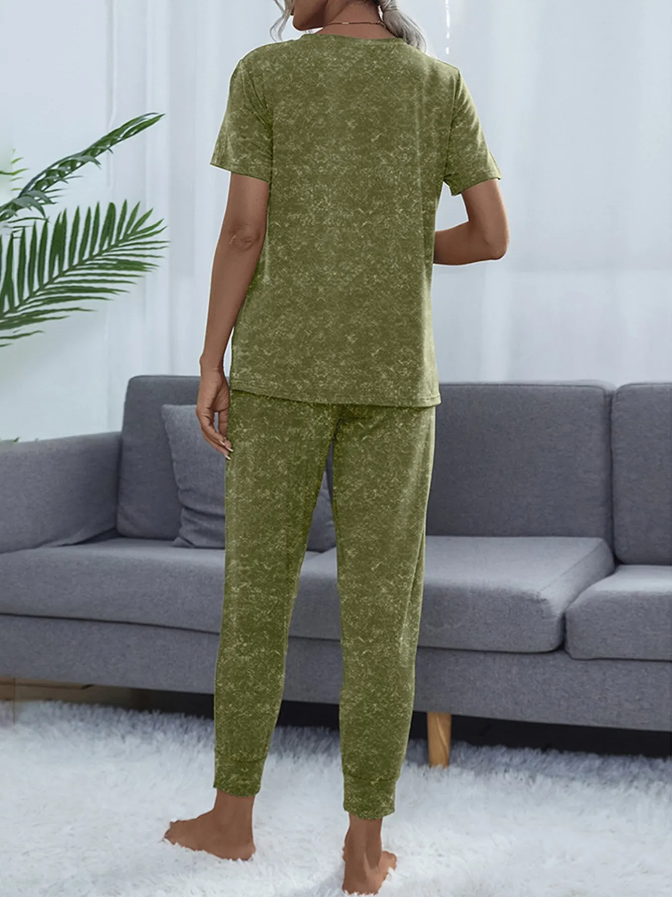 Round Neck Short Sleeve Top and Pants Lounge Set - Image 2