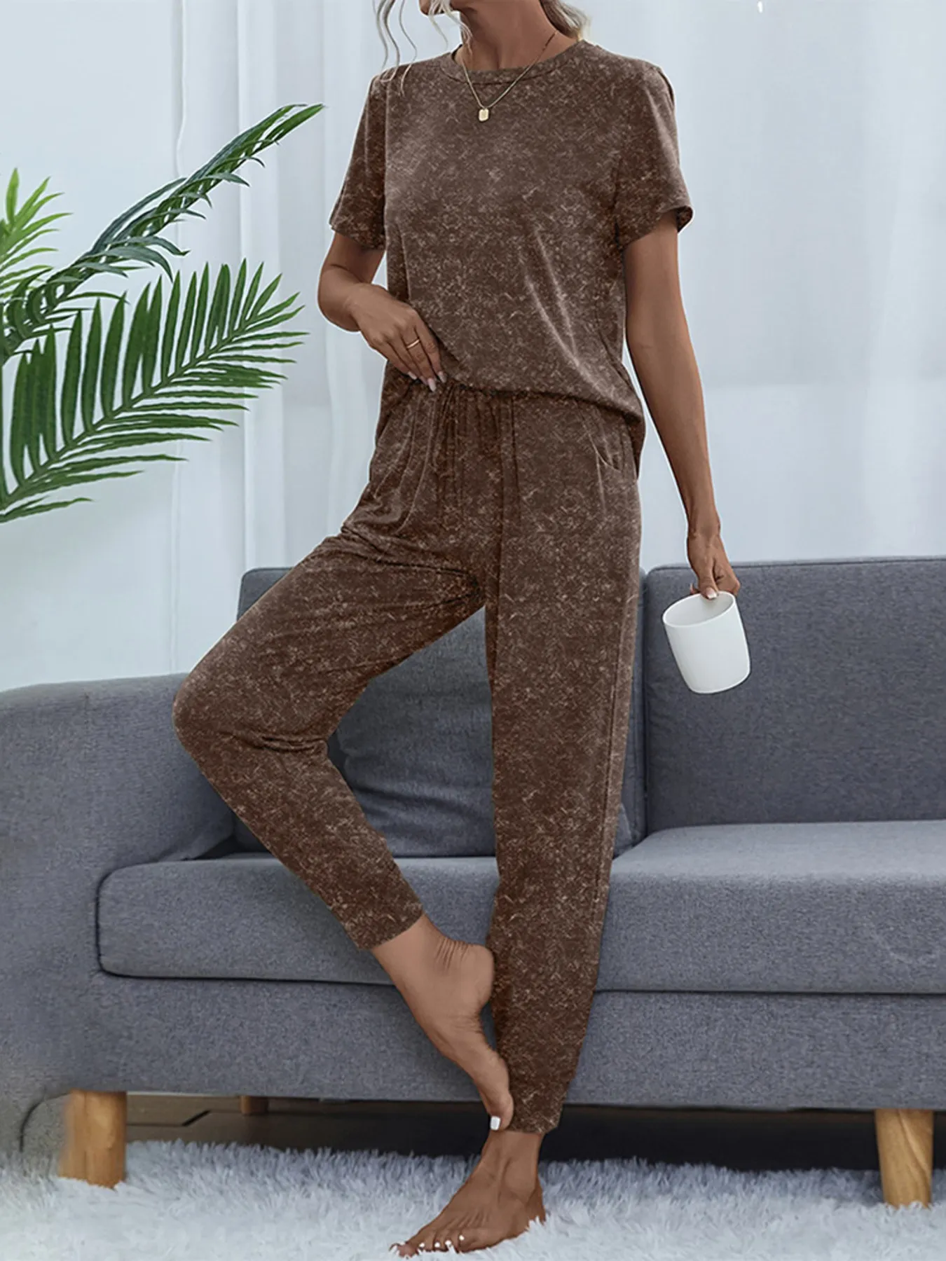Round Neck Short Sleeve Top and Pants Lounge Set - Image 20