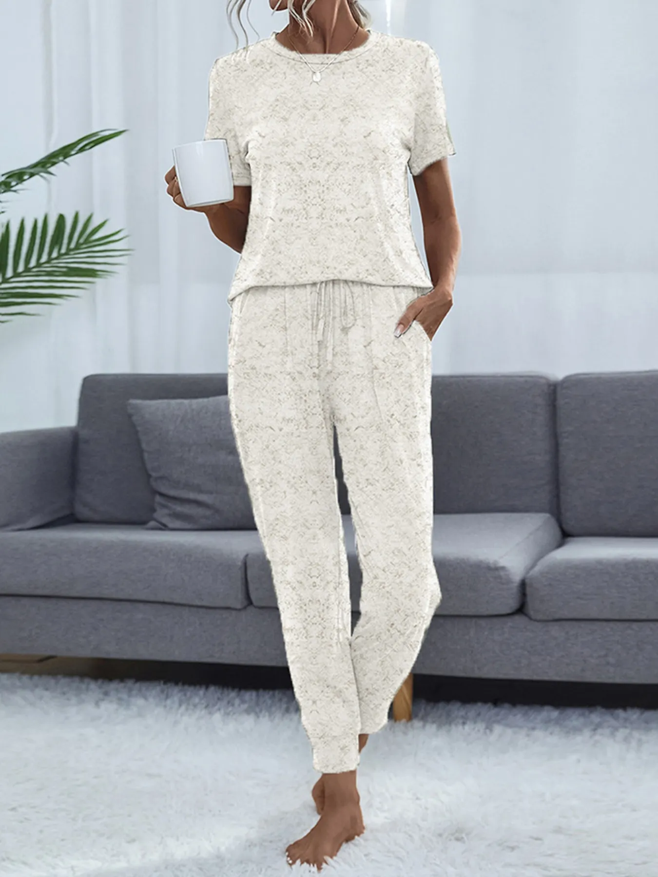 Round Neck Short Sleeve Top and Pants Lounge Set - Image 21