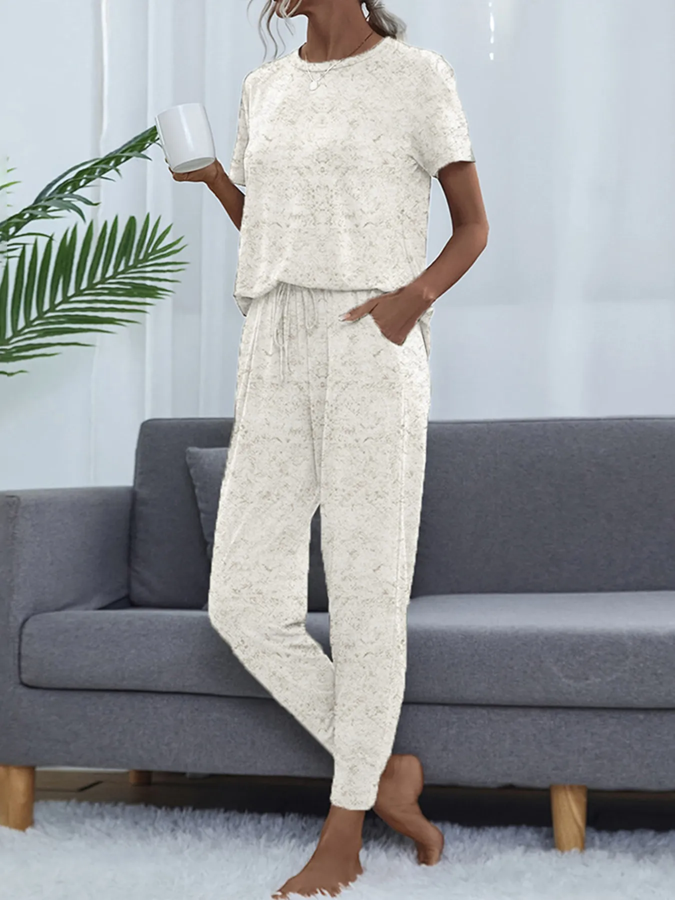 Round Neck Short Sleeve Top and Pants Lounge Set - Image 23