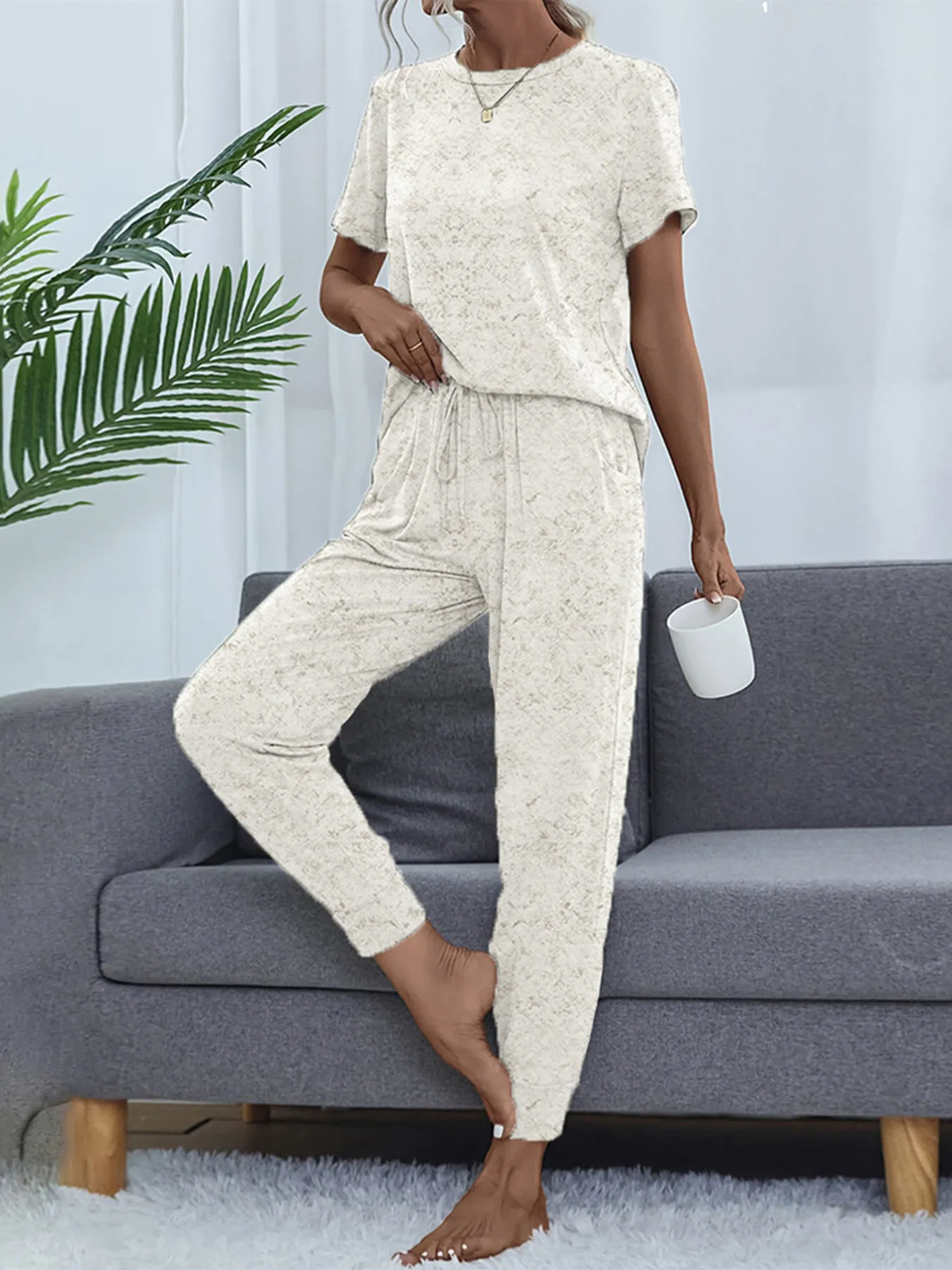 Round Neck Short Sleeve Top and Pants Lounge Set - Image 25