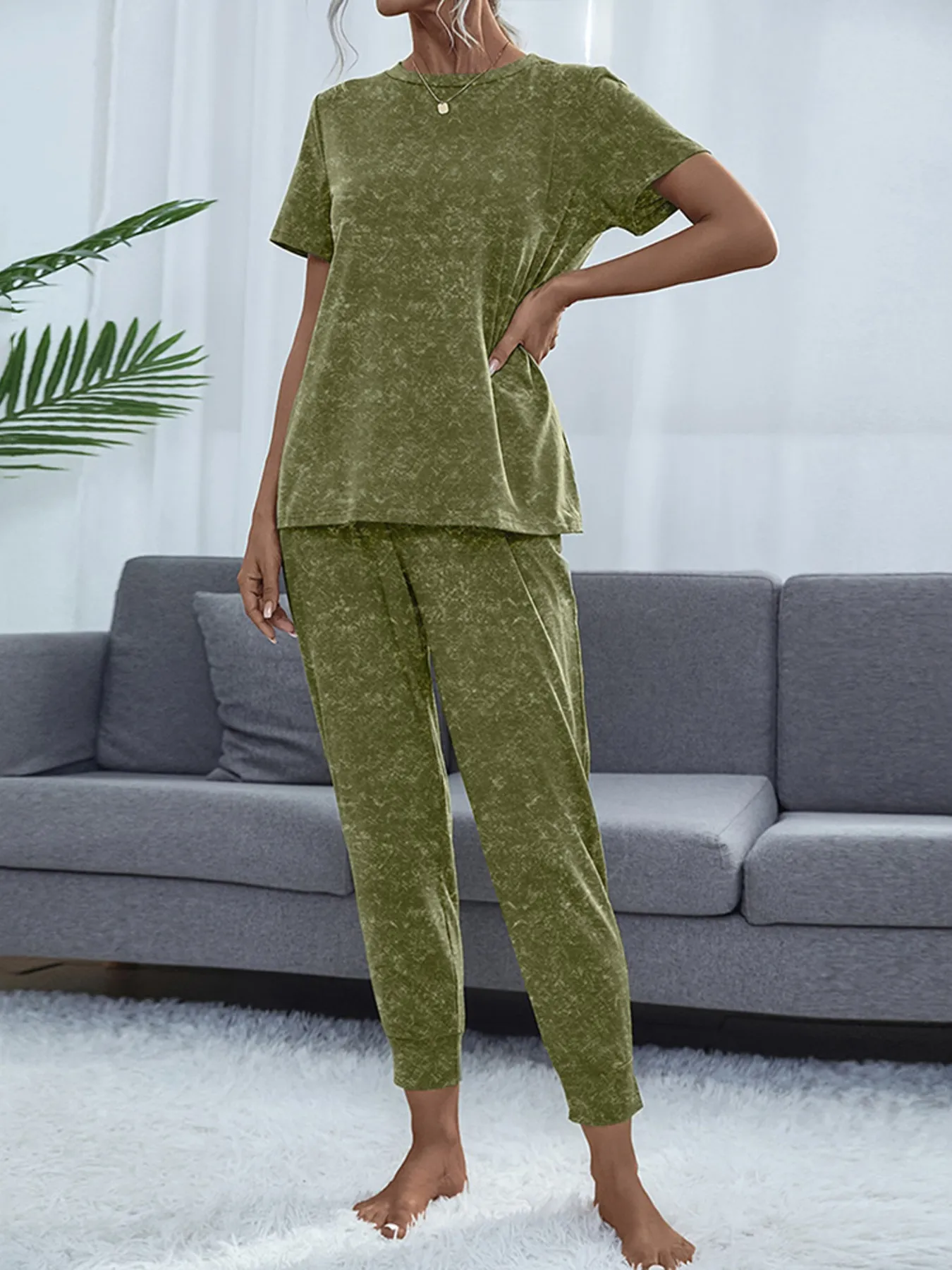 Round Neck Short Sleeve Top and Pants Lounge Set - Image 5