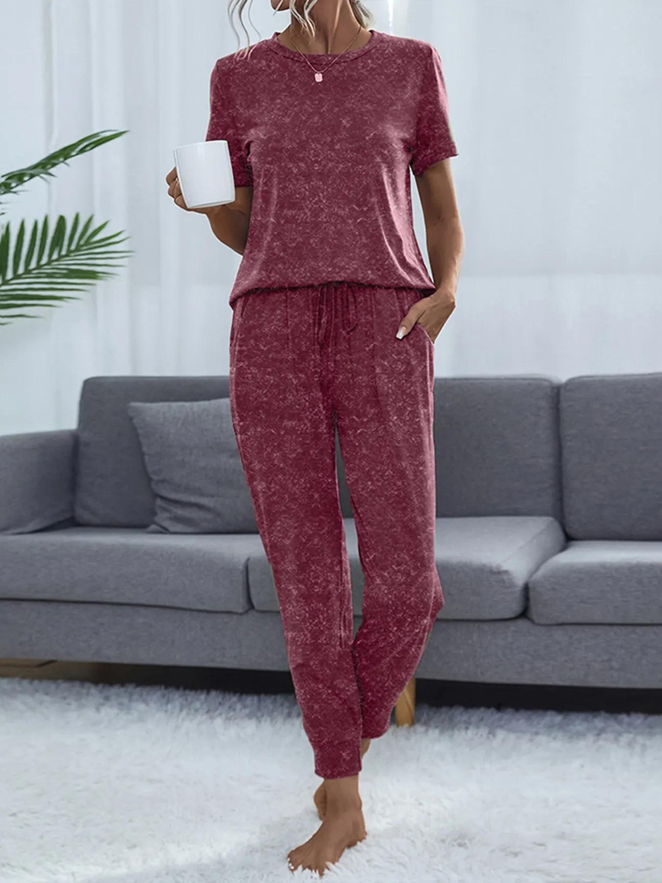 Round Neck Short Sleeve Top and Pants Lounge Set - Image 6