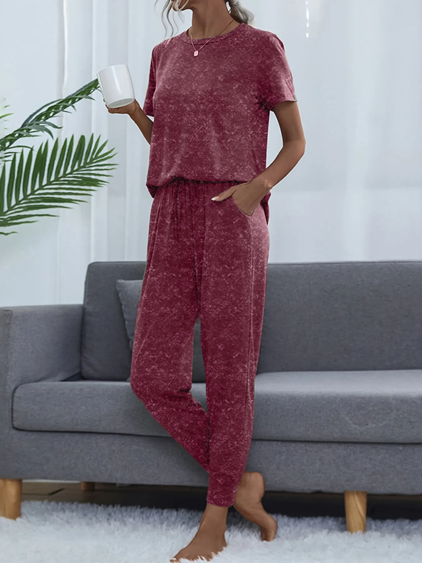 Round Neck Short Sleeve Top and Pants Lounge Set - Image 8