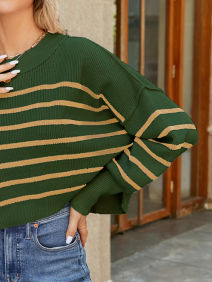 Round Neck Striped Lantern Sleeve Sweater - Image 10