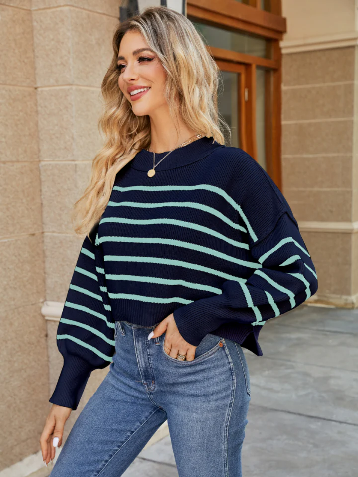 Round Neck Striped Lantern Sleeve Sweater - Image 12