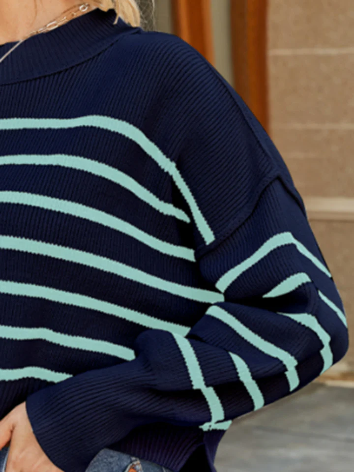 Round Neck Striped Lantern Sleeve Sweater - Image 13