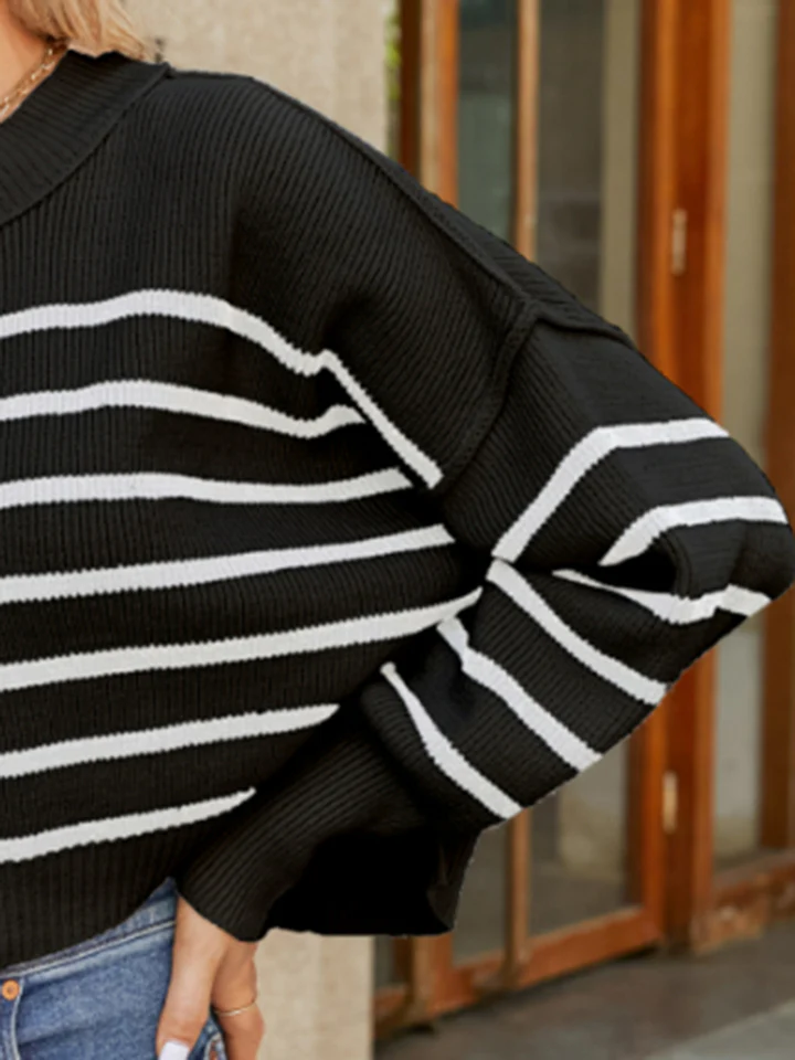 Round Neck Striped Lantern Sleeve Sweater - Image 16