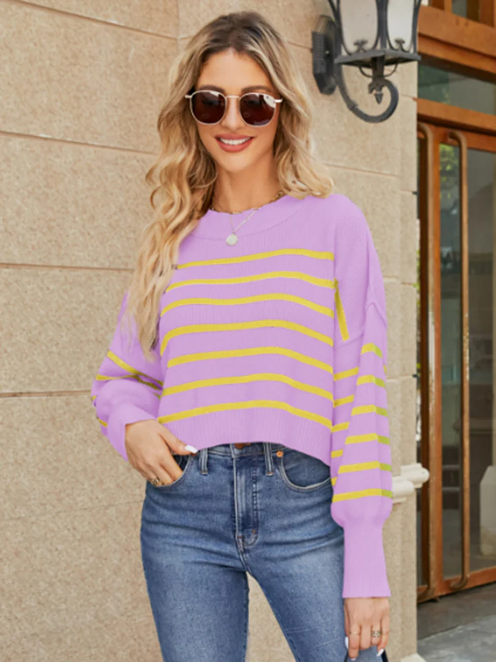 Round Neck Striped Lantern Sleeve Sweater - Image 17