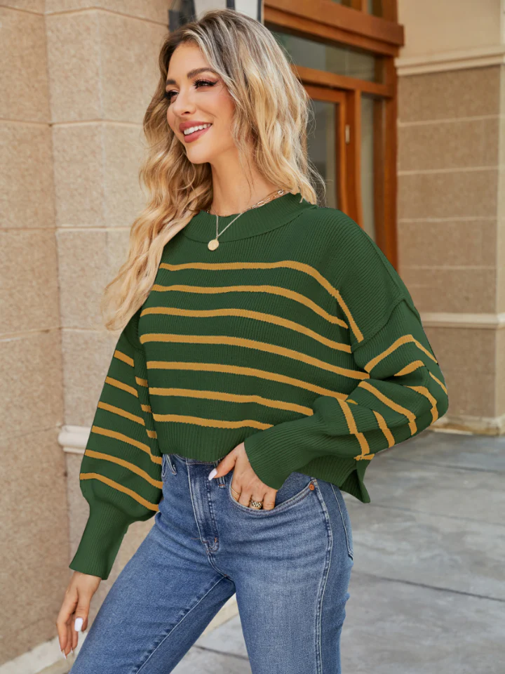 Round Neck Striped Lantern Sleeve Sweater - Image 8