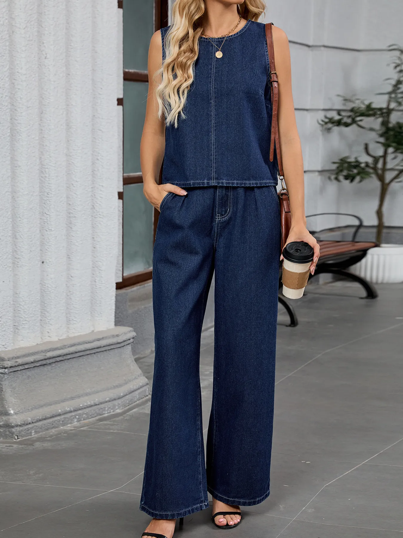 Round Neck Tank and Pants Denim Set - Image 2