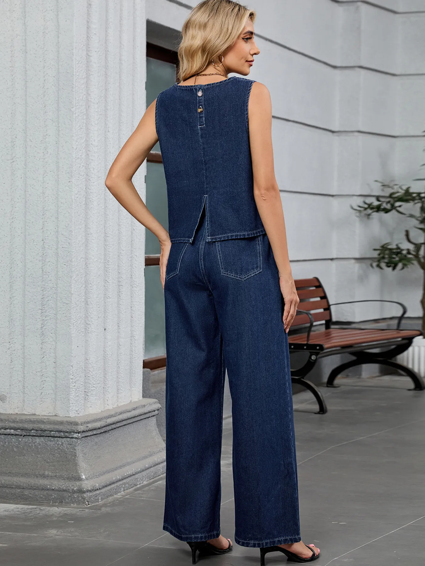 Round Neck Tank and Pants Denim Set - Image 3